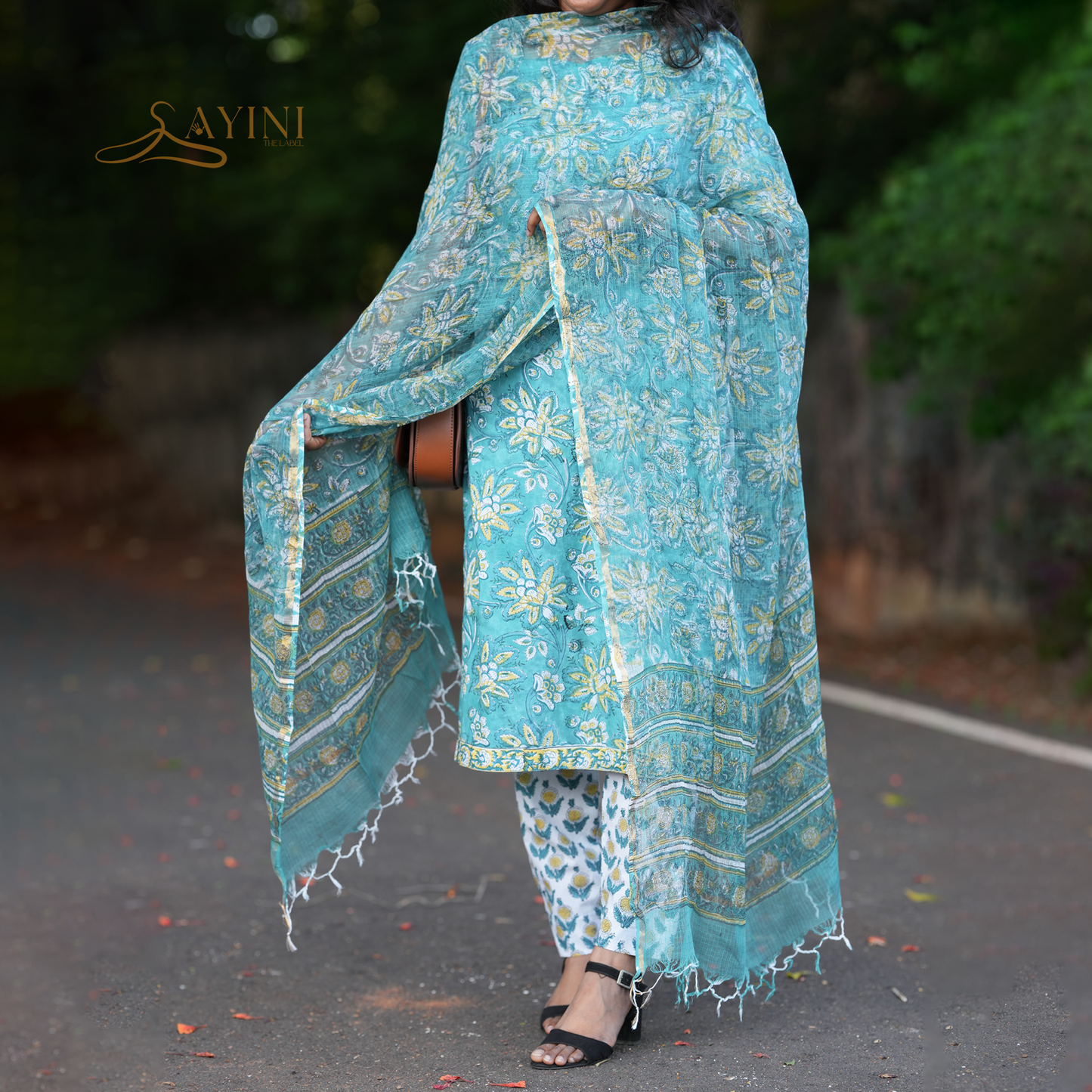 Teal Blossom Hand block Kurta Set
