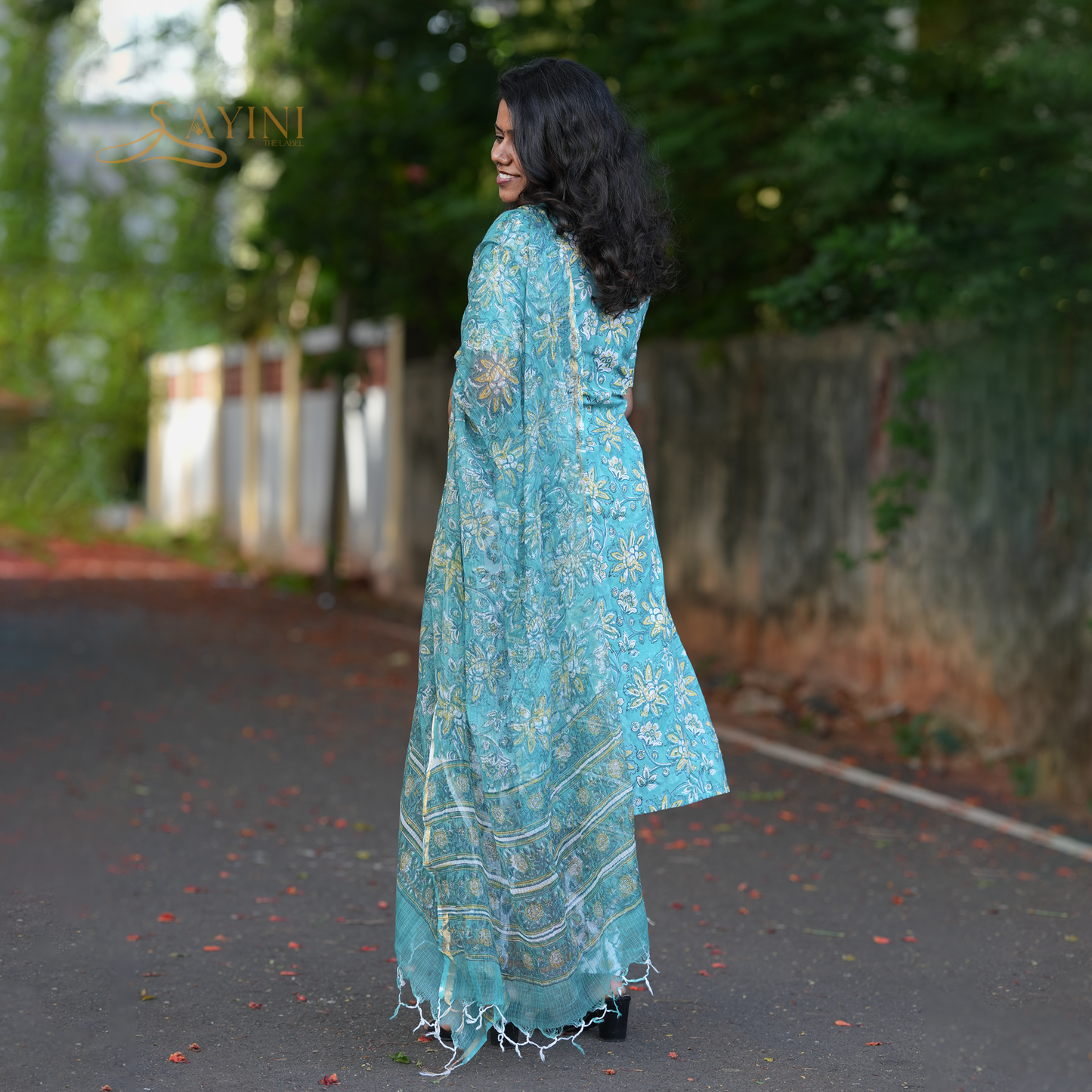Teal Blossom Hand block Kurta Set