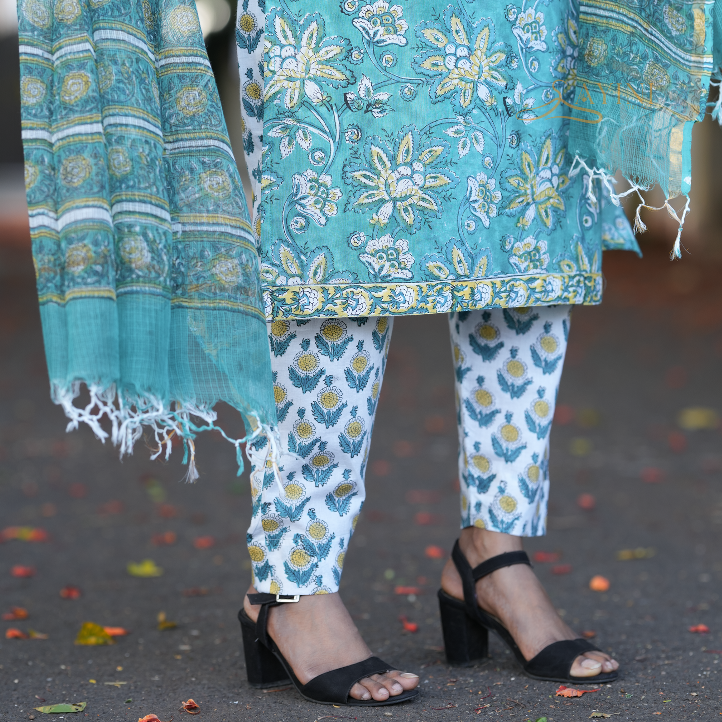 Teal Blossom Hand block Kurta Set