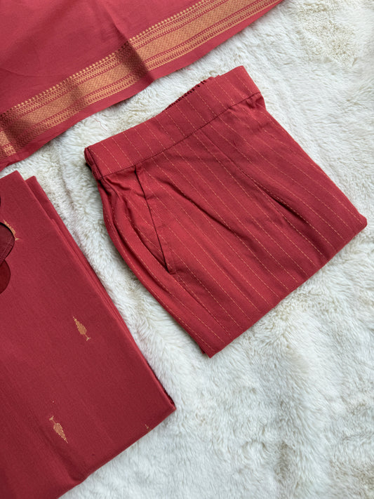 Handloom cotton Rust orange Butta 3 pcs Set