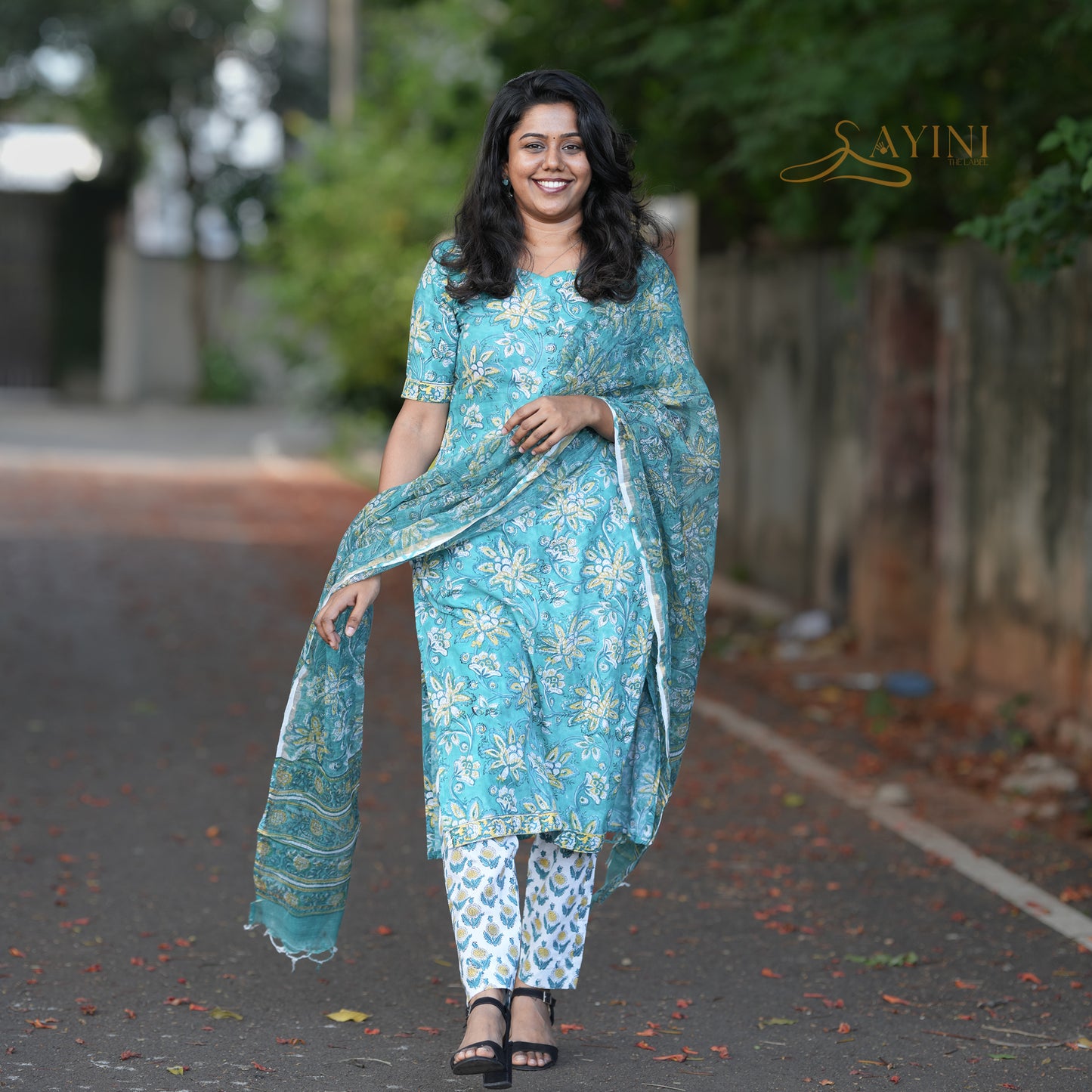 Teal Blossom Hand block Kurta Set