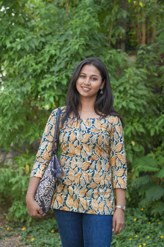 Mustard yellow with indigo kurti