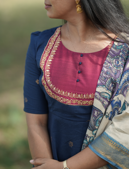 Blue Anarkali suit with Kalamkari dupatta