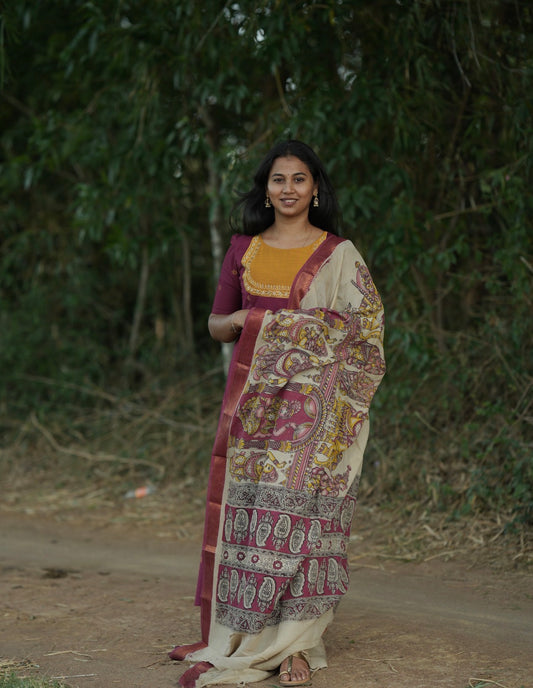 Maroon Maya Anarkali suit with Kalamkari dupatta