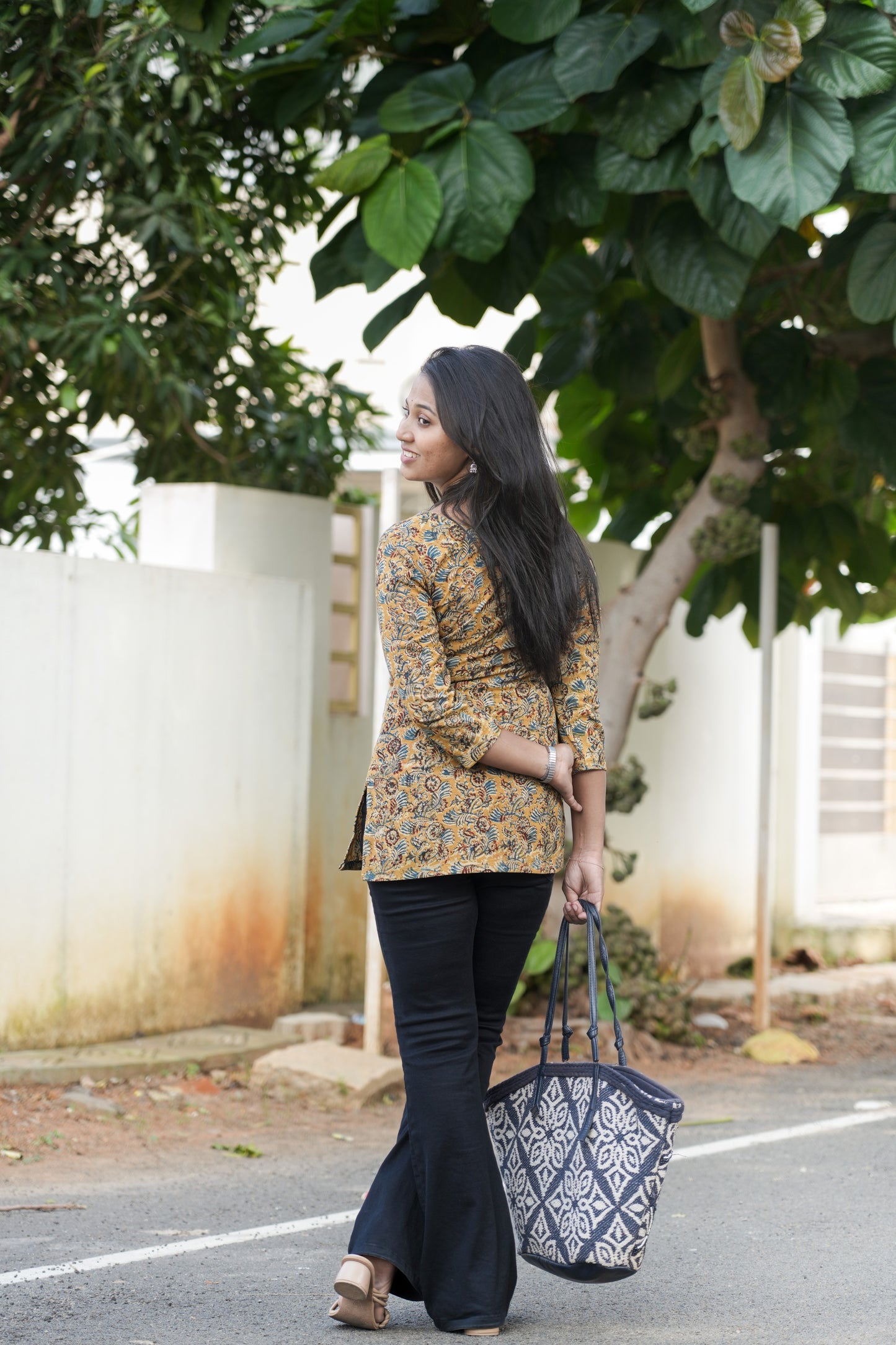 Mustard yellow with indigo blue mixed pattern kurti