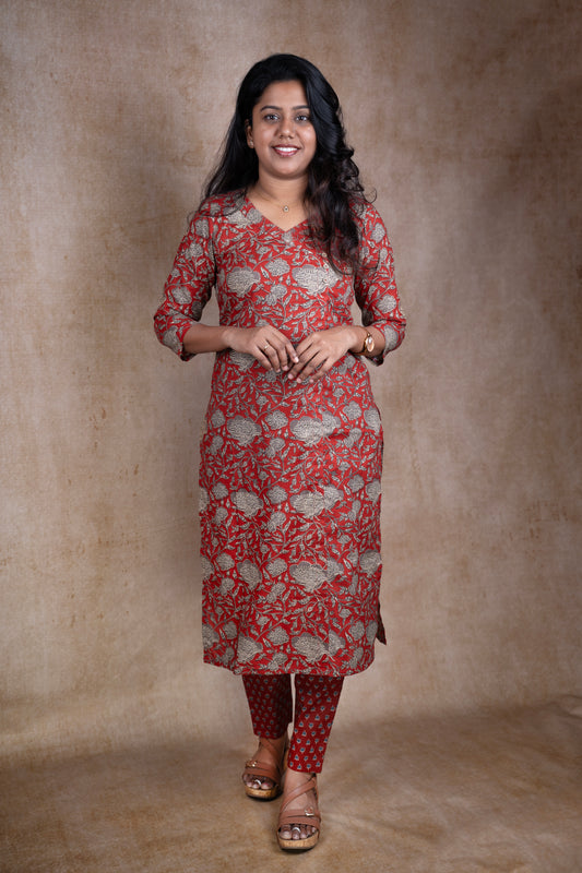 Red Handblock floral kurti