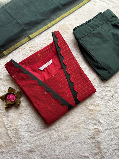 Red & Green Checks Butta Raw silk 3 pcs Set