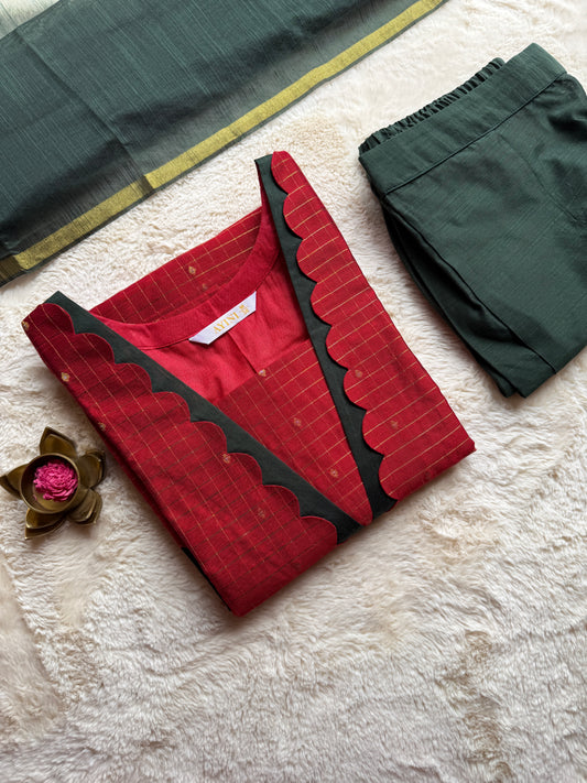 Red & Green Checks Butta Raw silk 3 pcs Set