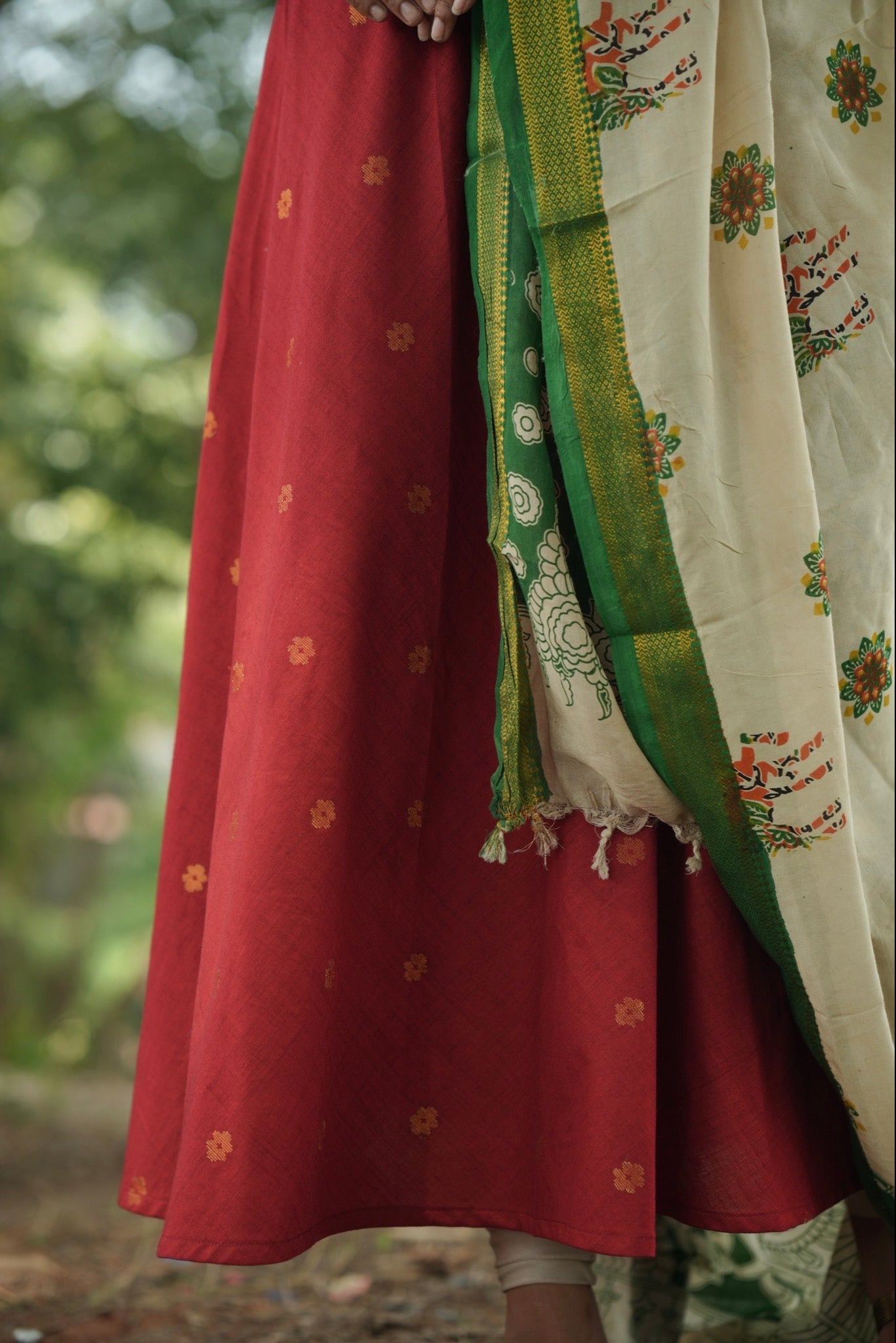 Red Anarkali suit with Kalamkari dupatta