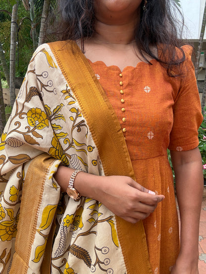 Vanya Ethnic Maxi Dress with Pen kalamkari Dupatta - Mustard
