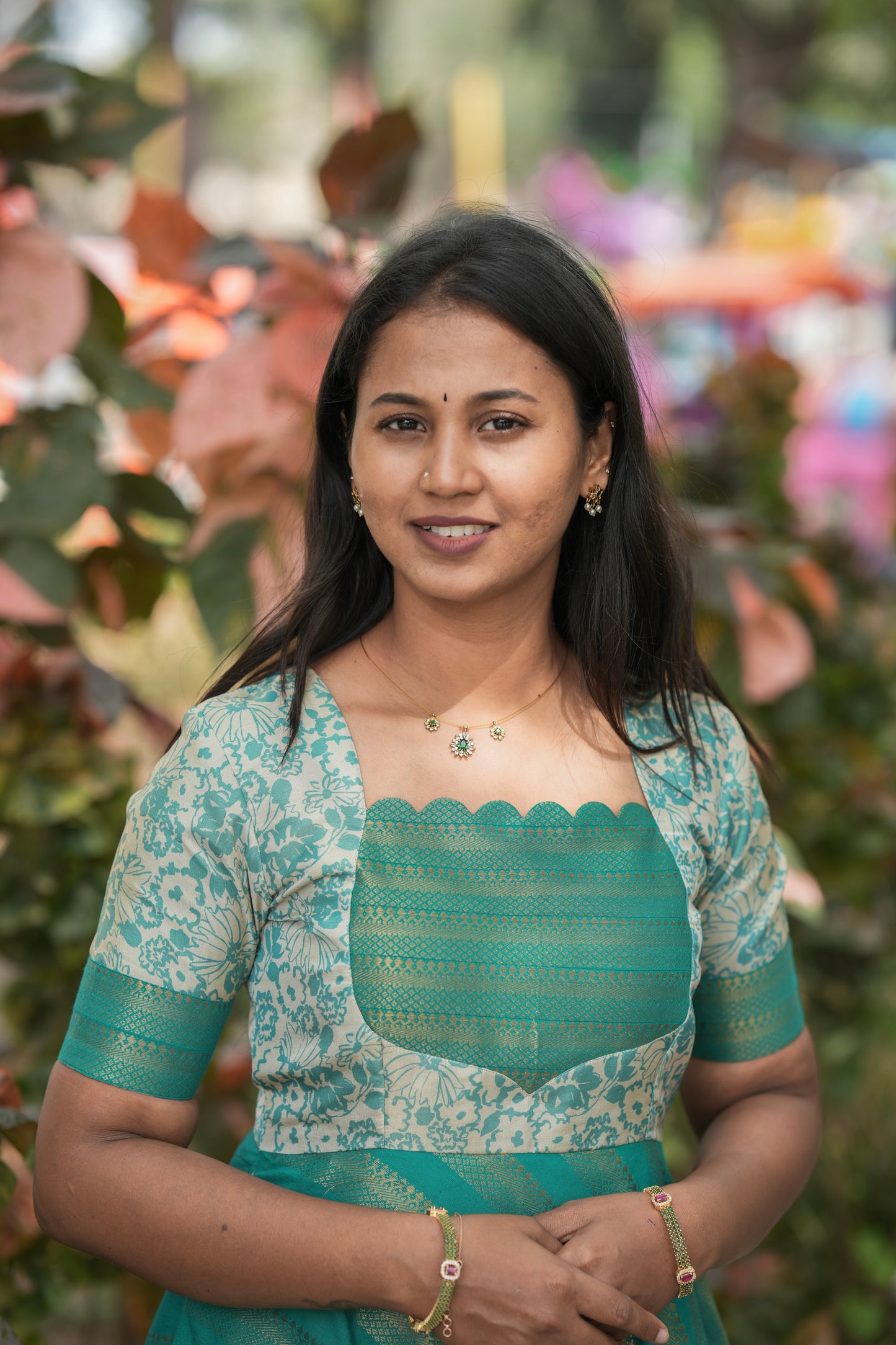 Teal Green with floral patterns Umbrella Cut