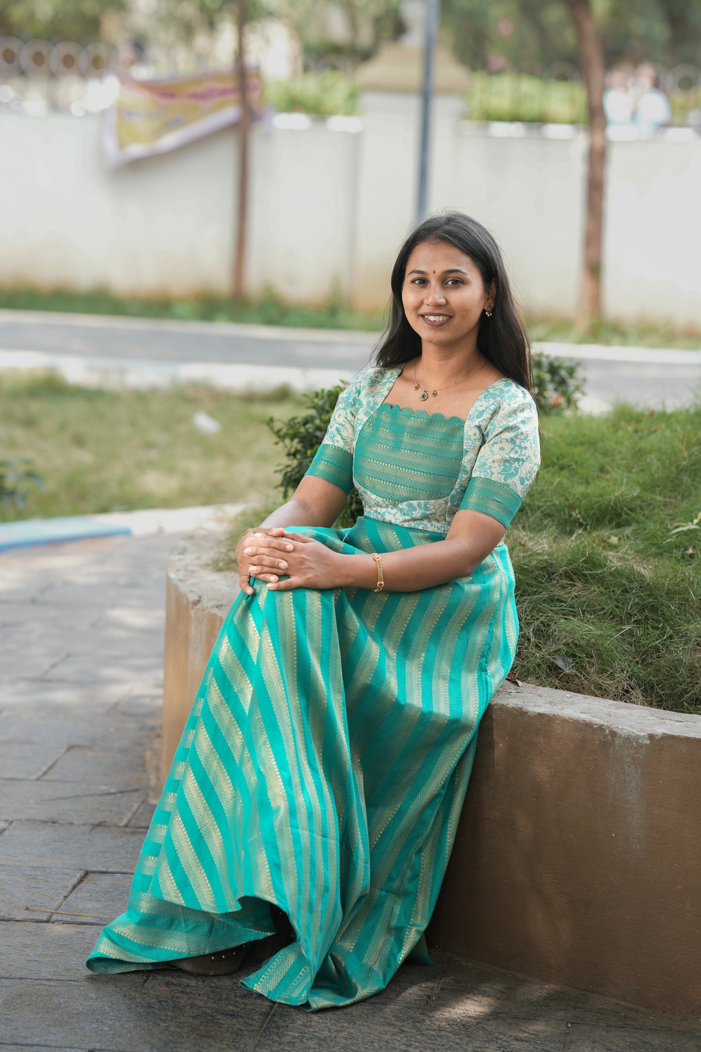 Teal Green with floral patterns Umbrella Cut