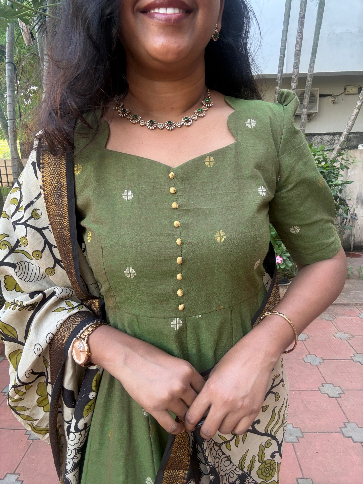 Vanya Ethnic Maxi Dress with Pen kalamkari Dupatta - Green