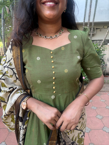 Vanya Ethnic Maxi Dress with Pen kalamkari Dupatta - Green