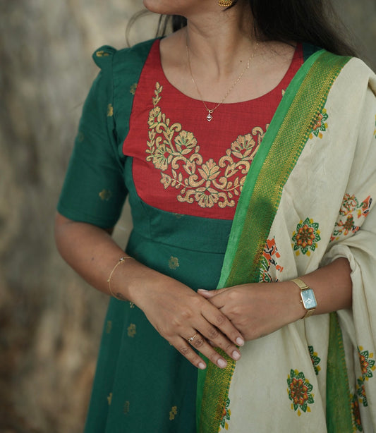 Emerald green Anarkali suit with Kalamkari dupatta
