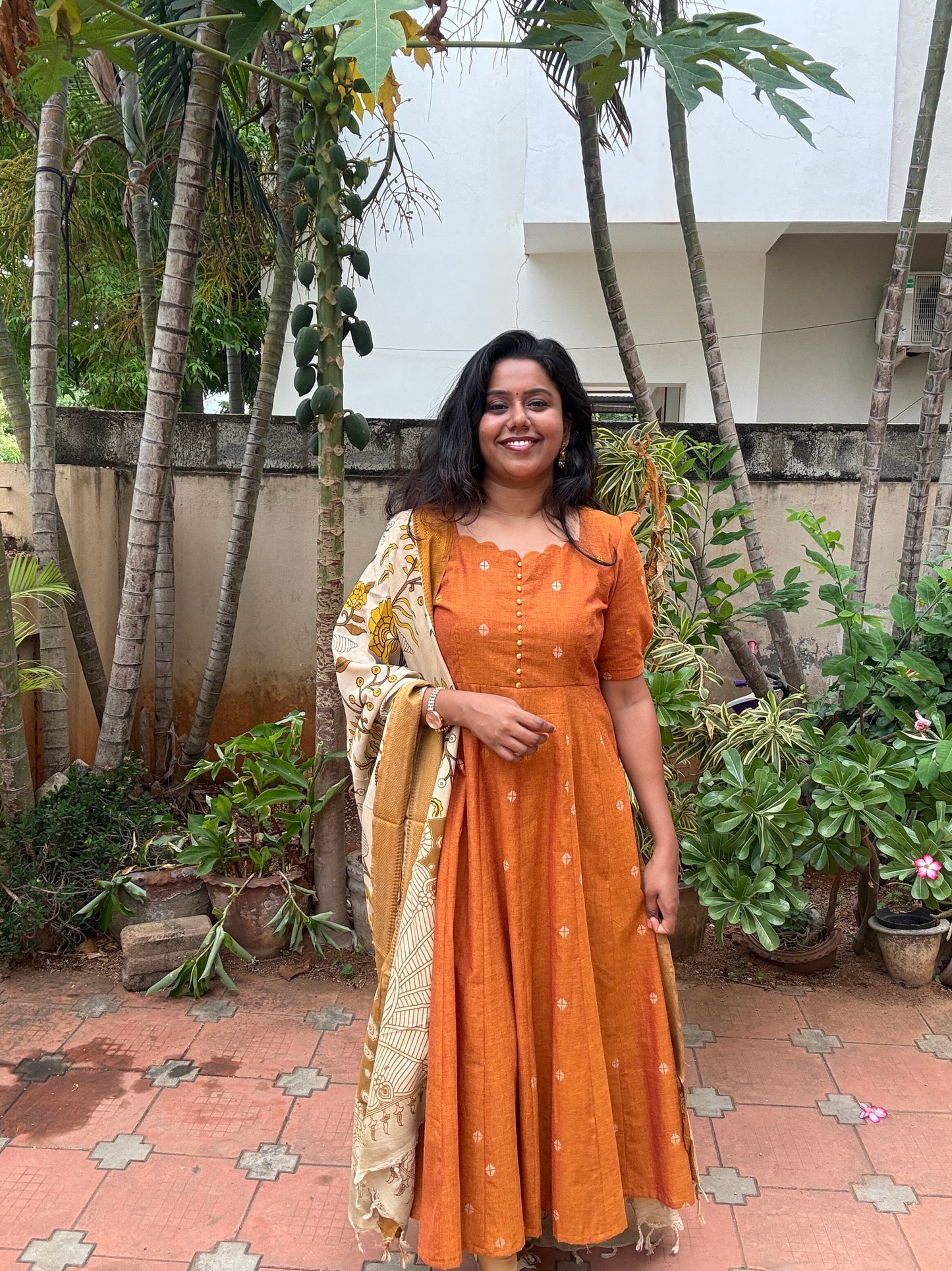 Vanya Ethnic Maxi Dress with Pen kalamkari Dupatta - Mustard