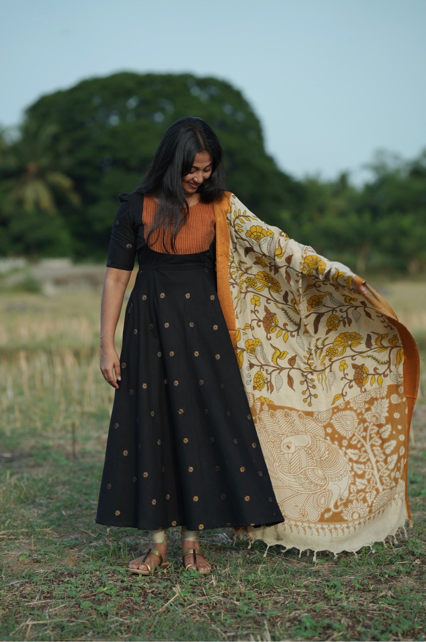 Midnight black Anarkali with Kalamkari dupatta
