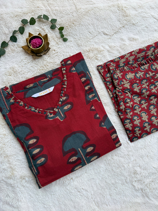 Red Patterned print Cotton A-line Co ords
