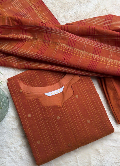 Handloom cotton Rust Gold Stripes 3 pcs Set