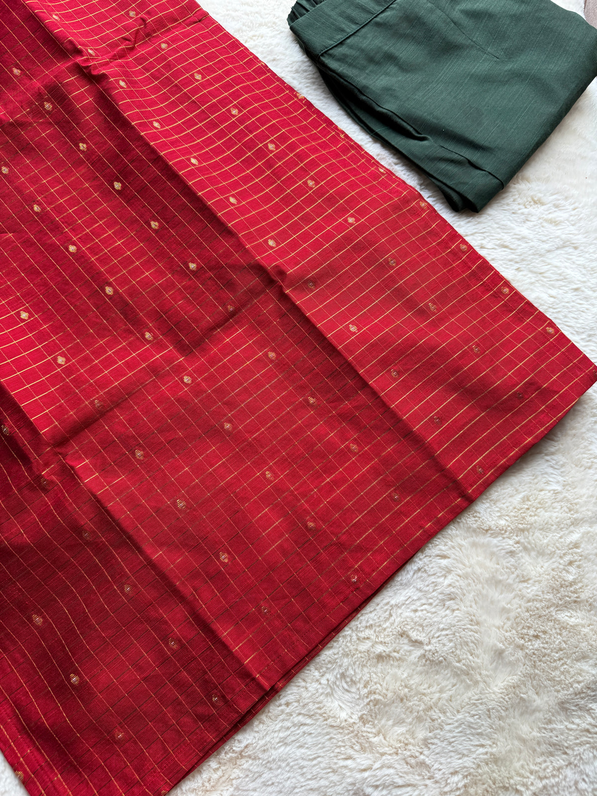 Red & Green Checks Butta Raw silk 3 pcs Set