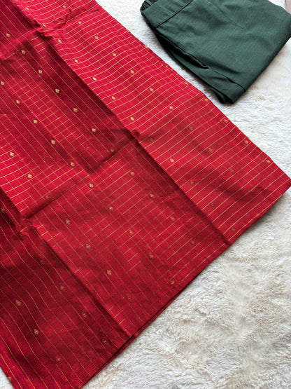 Red & Green Checks Butta Raw silk 3 pcs Set