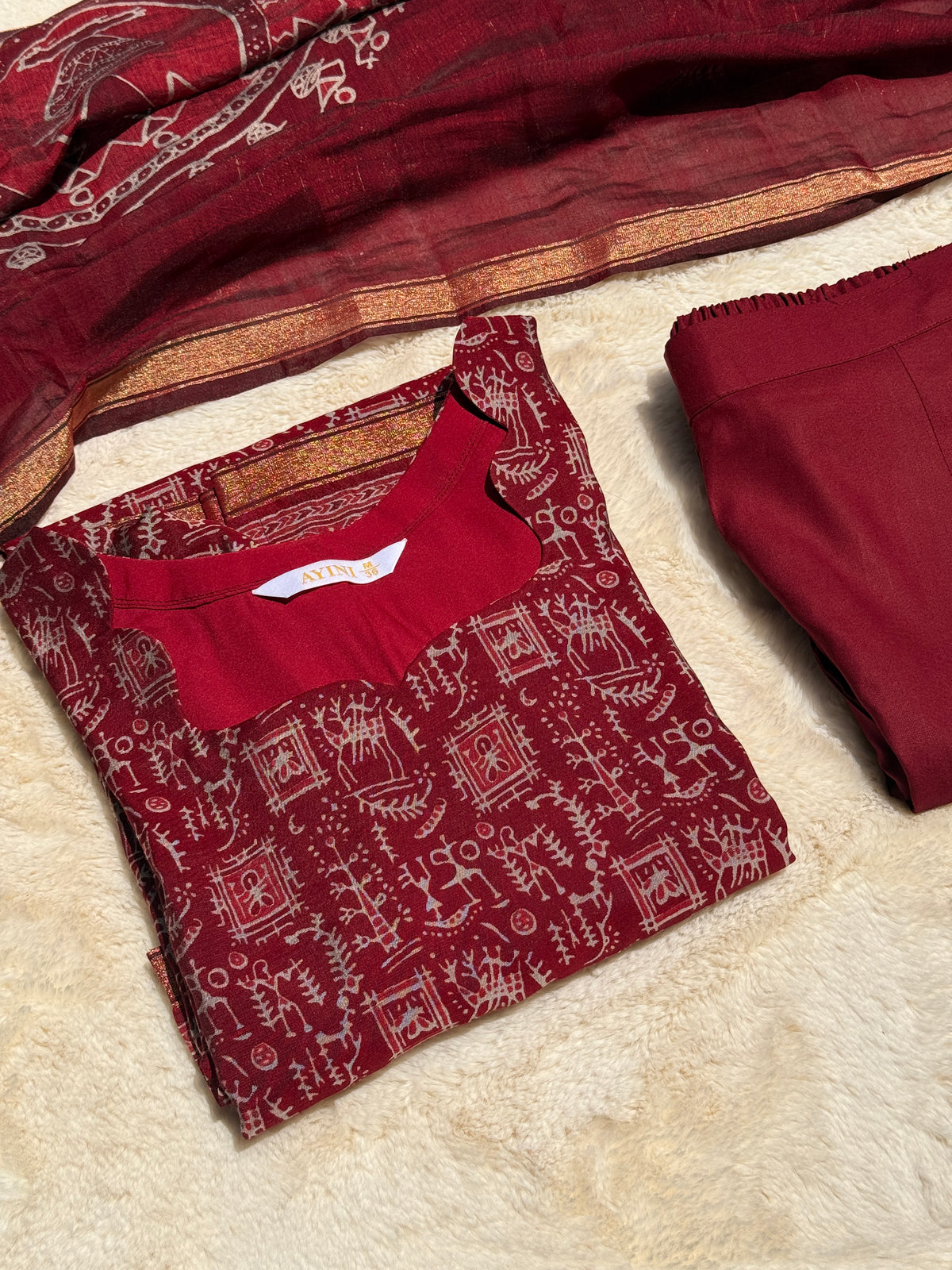 Maroon Folk Tales Chandari 3 pcs Set