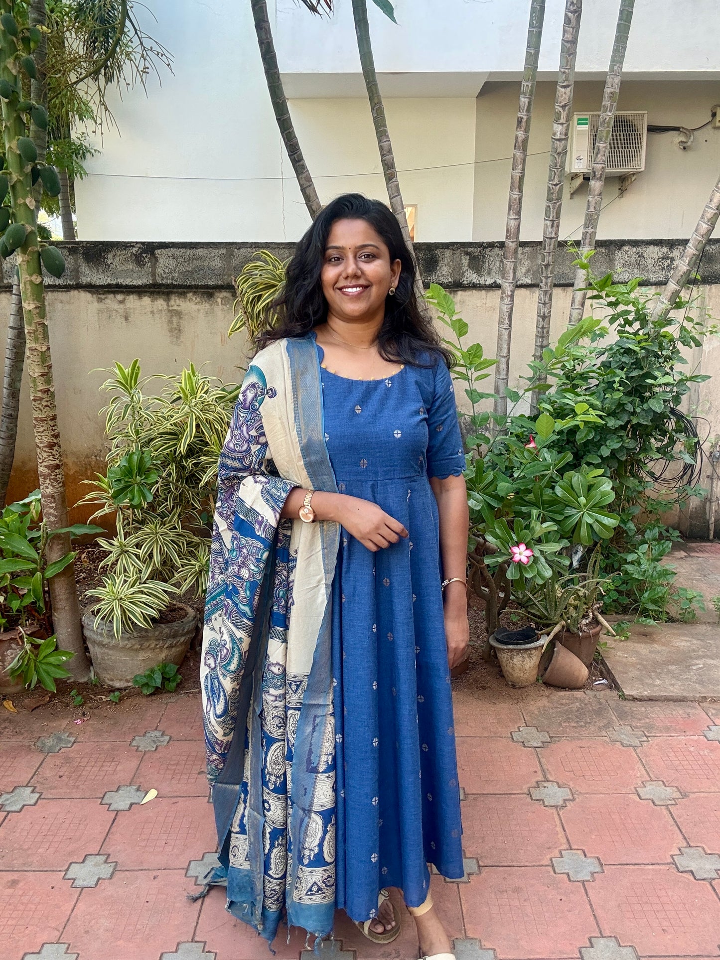 Vanya Ethnic Maxi Dress with Pen kalamkari Dupatta - Blue
