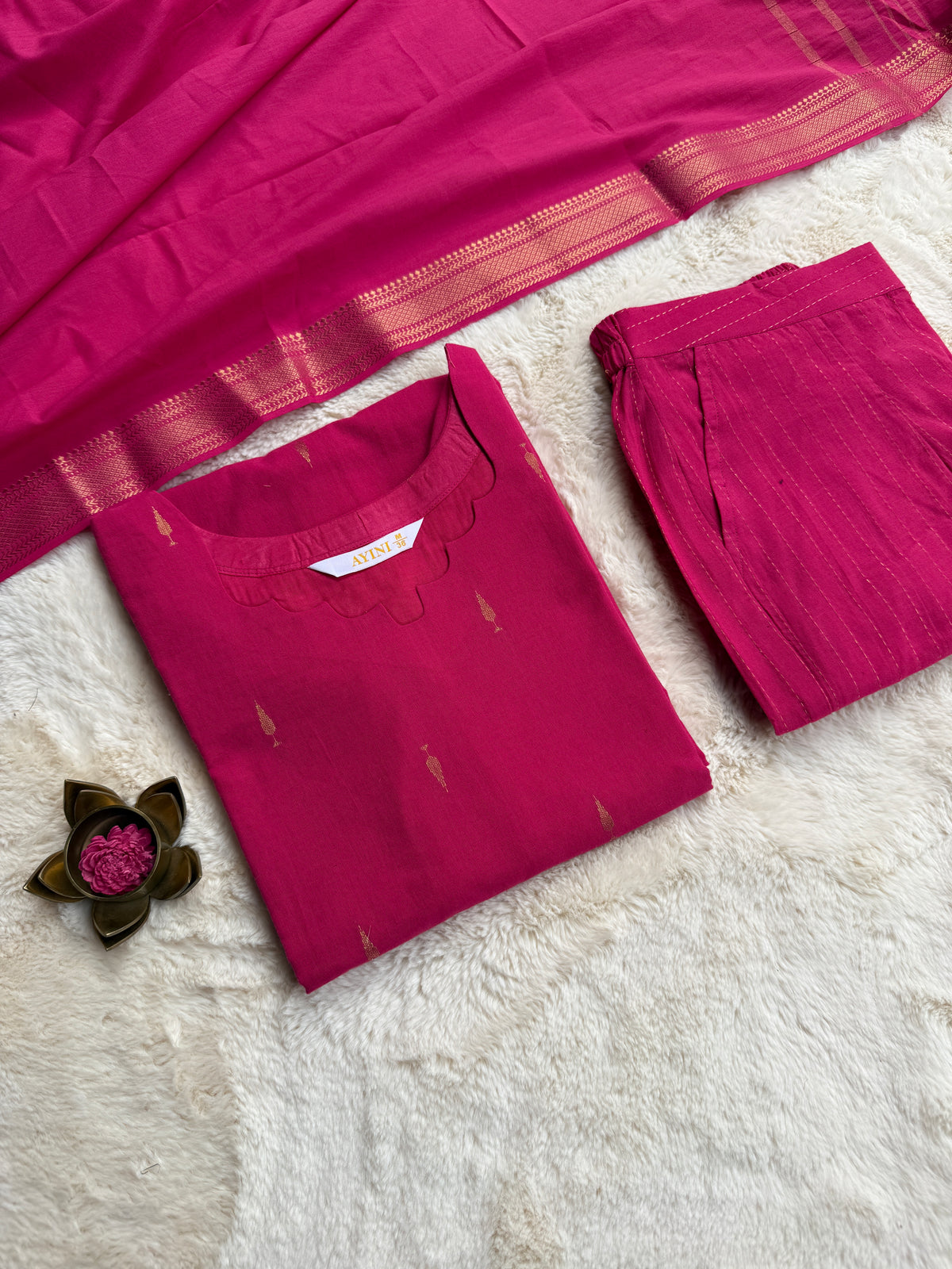 Handloom cotton Butta Pink 3 pcs Set
