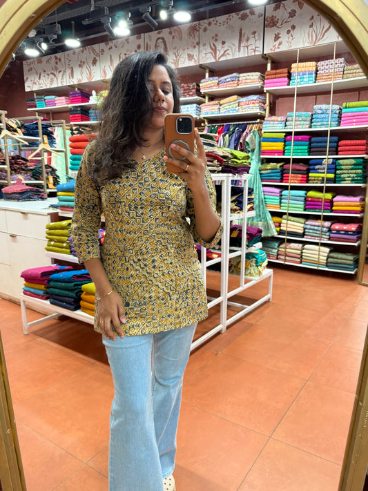 Mustard yellow with olive green pattern kurti