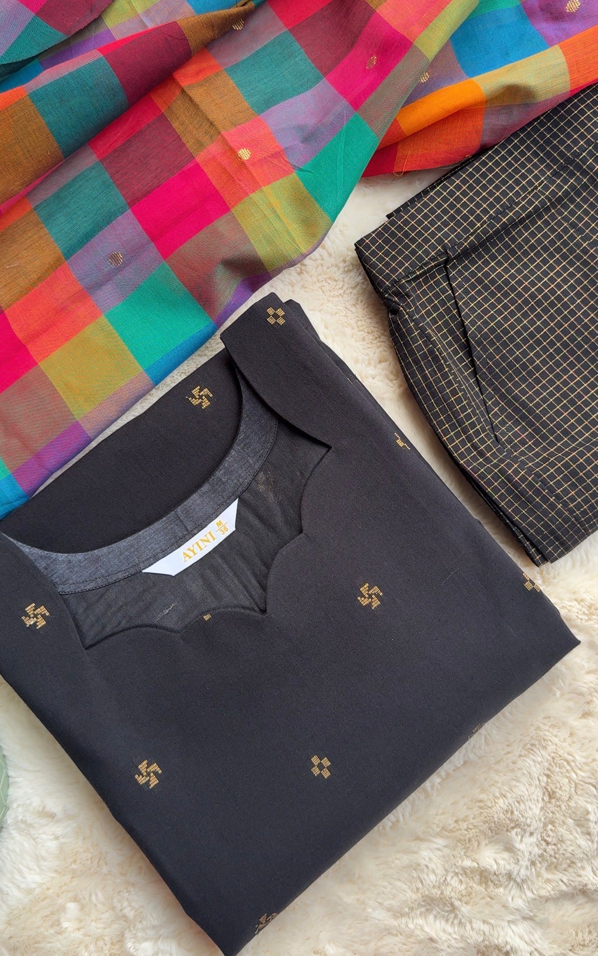Handloom Black south cotton 3 pcs set with Madras checks Shawl