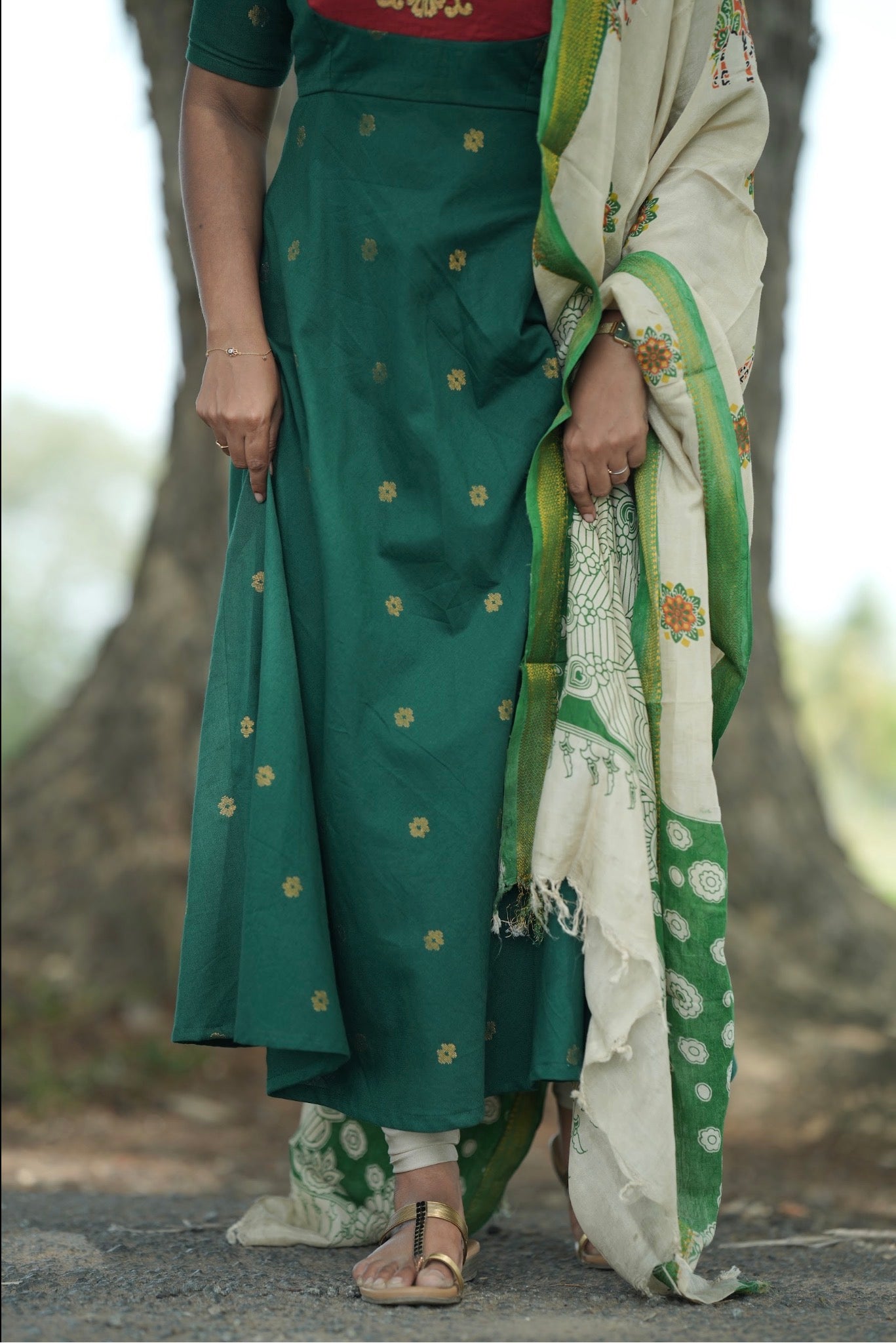 Emerald green Anarkali suit with Kalamkari dupatta