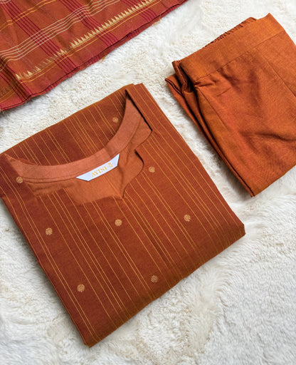 Handloom cotton Rust Gold Stripes 3 pcs Set