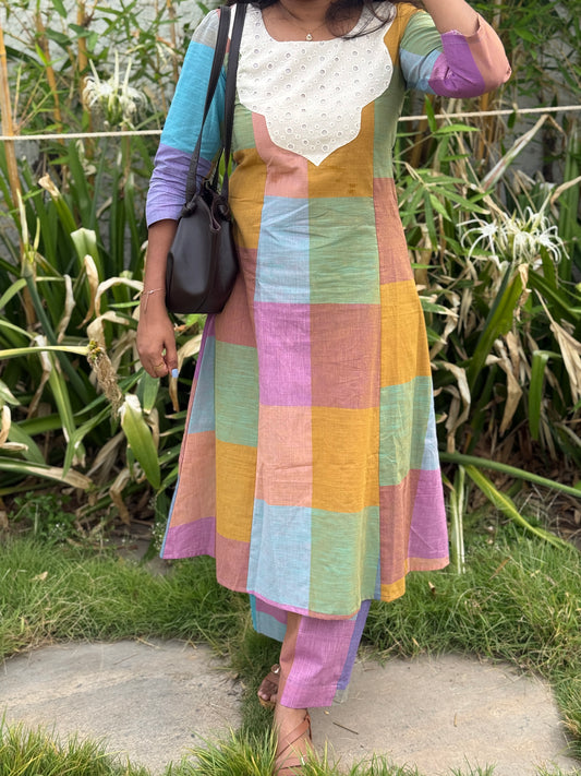 Pastel Madras Checks with Hakoba Patchwork A-Line Top & Pant