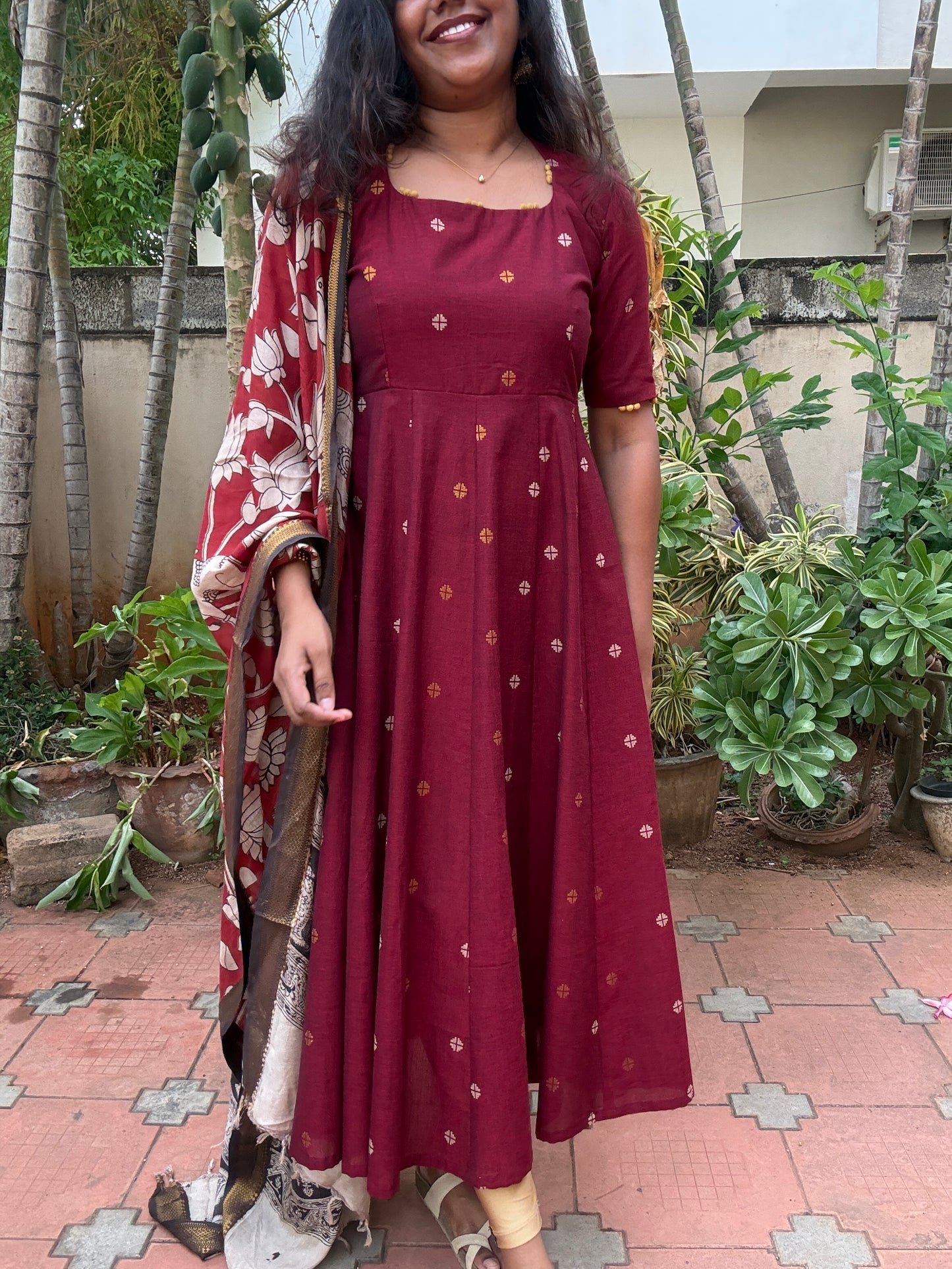 Vanya Ethnic Maxi Dress with Pen kalamkari Dupatta - Red wine