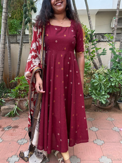 Vanya Ethnic Maxi Dress with Pen kalamkari Dupatta - Red wine