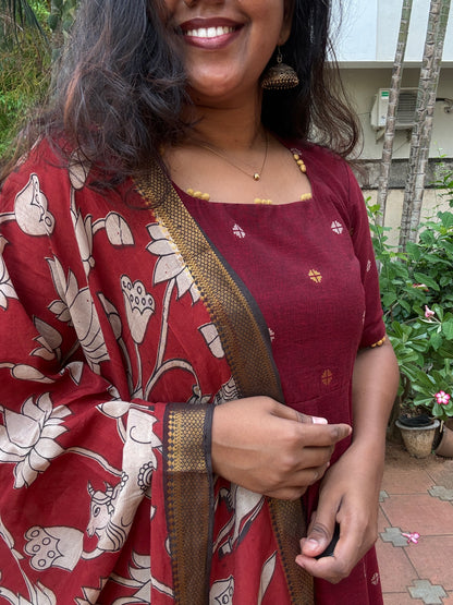 Vanya Ethnic Maxi Dress with Pen kalamkari Dupatta - Red wine