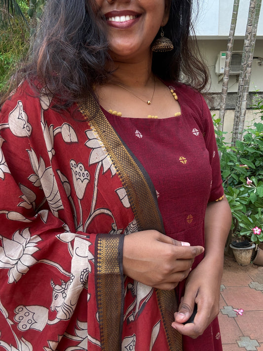 Vanya Ethnic Maxi Dress with Pen kalamkari Dupatta - Red wine