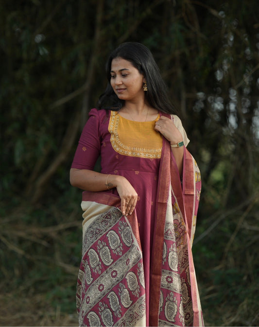 Maroon Maya Anarkali suit with Kalamkari dupatta