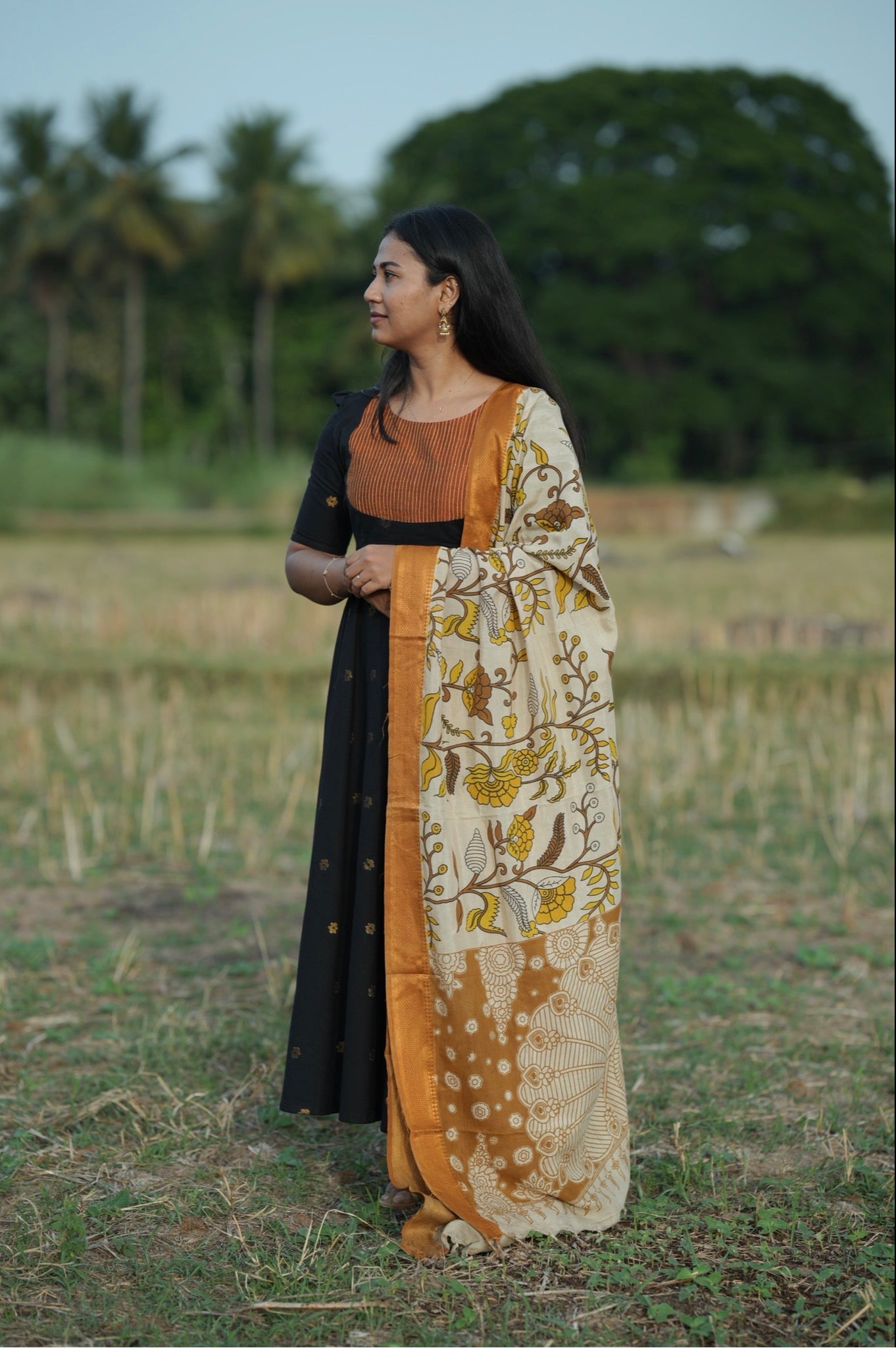 Midnight black Anarkali with Kalamkari dupatta