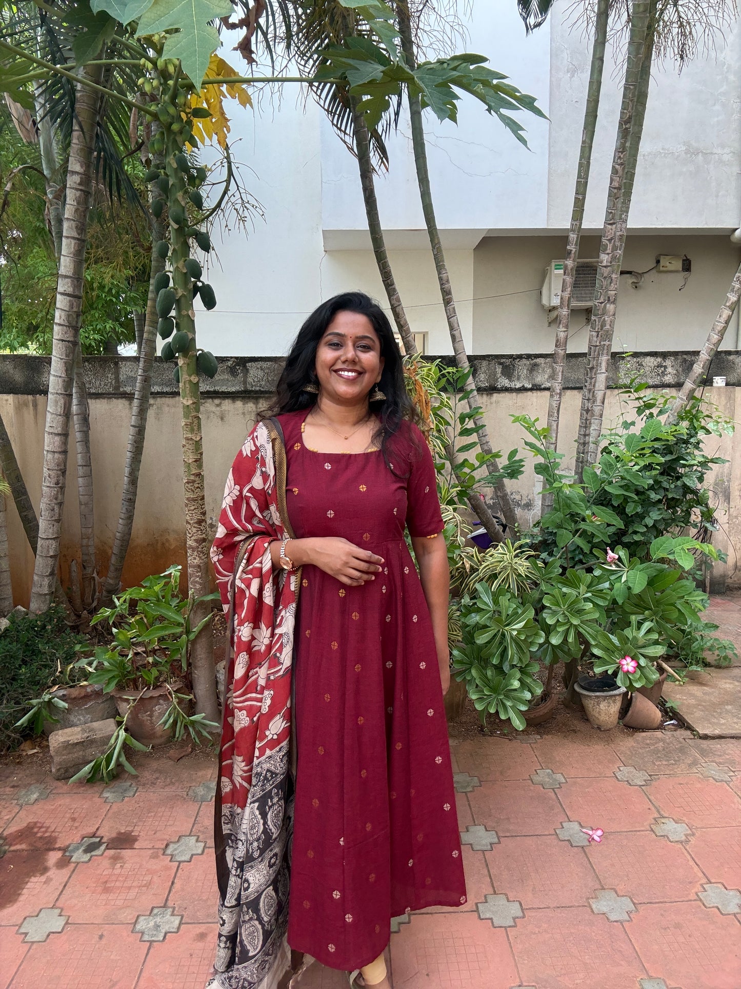 Vanya Ethnic Maxi Dress with Pen kalamkari Dupatta - Red wine