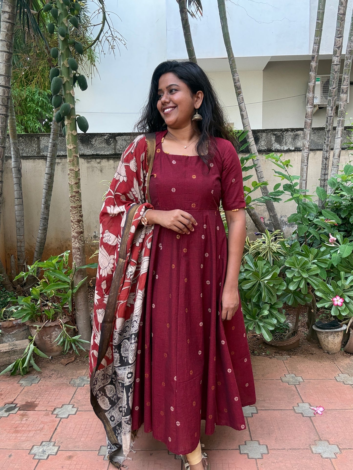 Vanya Ethnic Maxi Dress with Pen kalamkari Dupatta - Red wine