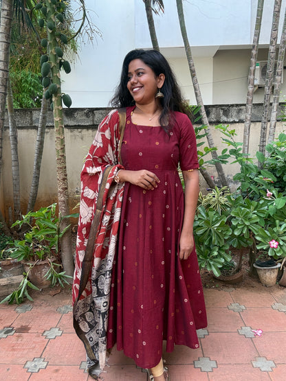 Vanya Ethnic Maxi Dress with Pen kalamkari Dupatta - Red wine