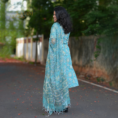 Teal Blossom Hand block Kurta Set