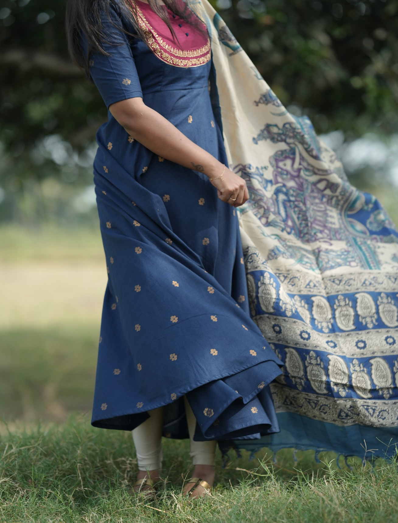 Blue Anarkali suit with Kalamkari dupatta