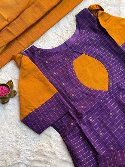 Purple Checks Butta Raw silk 3 pcs Set