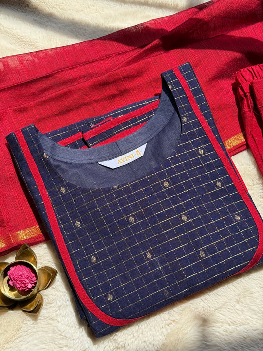 Blue & Red Checks Butta Semi Raw silk 3 pcs Set
