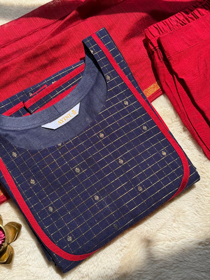 Blue & Red Checks Butta Semi Raw silk 3 pcs Set