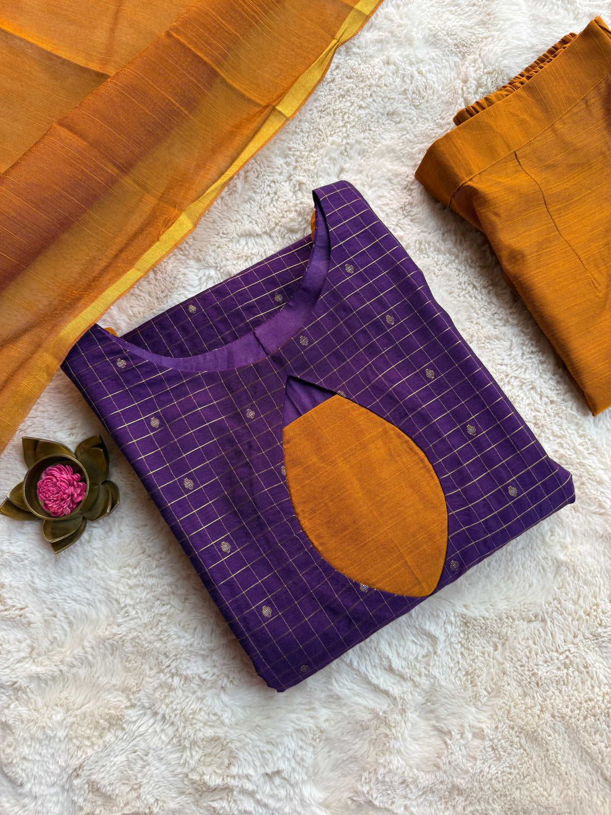 Purple Checks Butta Raw silk 3 pcs Set