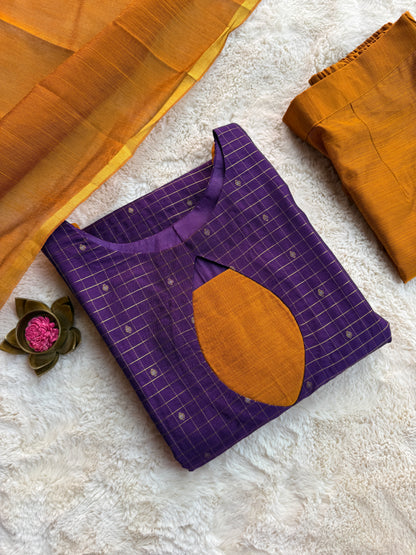 Purple Checks Butta Raw silk 3 pcs Set