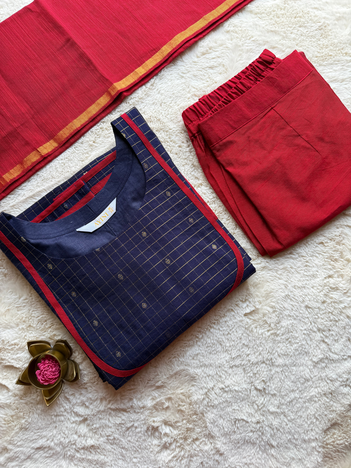 Blue & Red Checks Butta Semi Raw silk 3 pcs Set